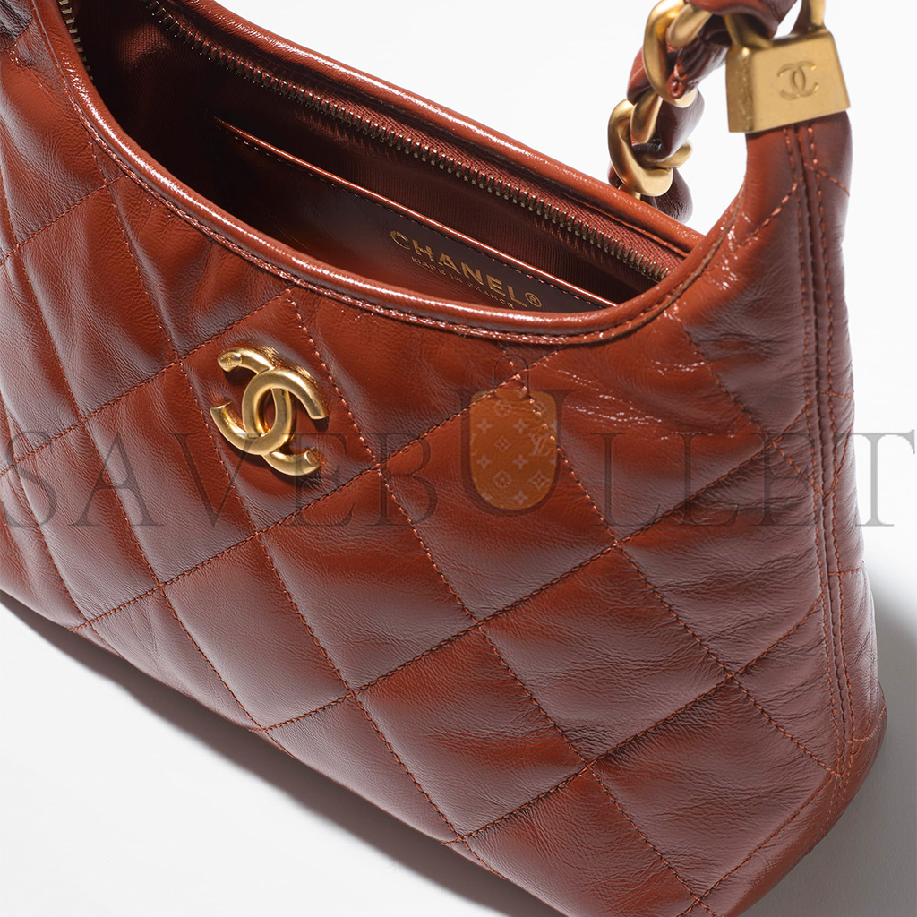 Ch*el master small hobo bag shiny lambskin and golden metallic brown as4922 (22.5*19.5*8.5cm)